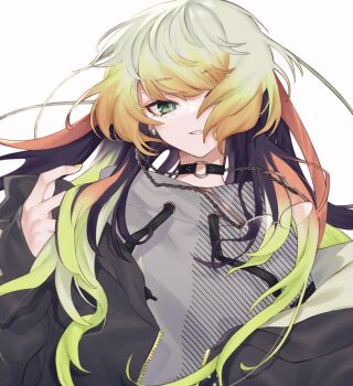 1other black_hair blonde_hair chain choker commentary glasses green_eyes green_hair highres jewelry long_hair melissa_kinrenka melissa_kinrenka_(2nd_costume) nail_polish nijisanji orange_hair smile symbol-only_commentary yazune