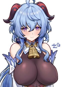 1girl ahoge bare_shoulders bell blue_hair bodystocking breasts detached_sleeves ganyu_(genshin_impact) genshin_impact goat_horns highres horns large_breasts long_hair looking_at_viewer neck_bell red_eyes rotomdocs simple_background smile solo upper_body white_background