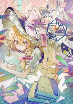 1girl :o absurdres black_hat black_shoes blonde_hair book bow braid frilled_bow frills hair_between_eyes hair_bow hanging_light hashtag-only_commentary hat hat_bow here_(hr_rz_ggg) highres hugging_object icosahedron indoors kirisame_marisa light_bulb long_hair looking_at_viewer lying mushroom on_stomach paper pillow pillow_hug pink_bow puffy_short_sleeves puffy_sleeves shirt shoes short_sleeves side_braid single_braid socks solo star_(symbol) the_pose touhou white_shirt white_socks witch_hat yellow_eyes