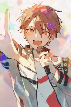 1boy :d brown_eyes brown_hair commentary_request ensemble_stars! hair_between_eyes hands_up highres holding holding_microphone long_sleeves looking_at_viewer male_focus microphone morisawa_chiaki nazuna_(nazuna_su) open_mouth outstretched_arm outstretched_hand short_hair smile solo teeth upper_body upper_teeth_only