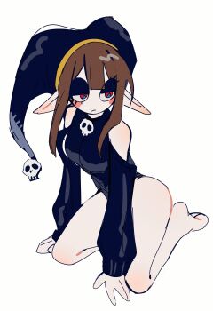 1girl absurdres aqinaaam bare_legs bare_shoulders barefoot black_hat black_leotard black_sleeves blue_eyes blush_stickers borrowed_design breasts brooch brown_hair commentary detached_sleeves eyelashes full_body goth_fashion hands_on_floor hat hat_ornament highleg highleg_leotard highres jester_cap jewelry legs leotard long_sidelocks long_sleeves looking_ahead medium_breasts multicolored_eyes pointy_ears pomni_(the_amazing_digital_circus) red_eyes sidelocks simple_background sitting skull_brooch skull_hat_ornament skull_ornament solo symbol-only_commentary the_amazing_digital_circus thighs turning_head two-tone_eyes white_background yokozuwari