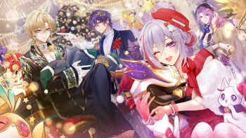 2boys 2girls alternate_costume alternate_hairstyle aventurine_(honkai:_star_rail) aventurine_(origami_bird)_(honkai:_star_rail) blonde_hair blue_eyes cat christmas_tree commentary dr._ratio_(honkai:_star_rail) english_commentary formal_clothes gift hair_ornament highres holding holding_removed_eyewear honkai:_star_rail honkai_(series) jade_(honkai:_star_rail) matori_(penguin_batake) multicolored_hair multiple_boys multiple_girls numby_(honkai:_star_rail) one_eye_closed origami_bird_(honkai:_star_rail) purple_eyes purple_hair streaked_hair topaz_(honkai:_star_rail) trotter_(honkai:_star_rail) unworn_eyewear