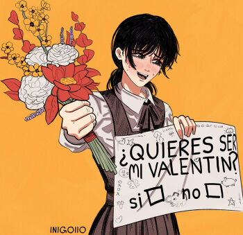 Rule 34 | 1girl, black hair, chainsaw man, collared shirt, dress, fourth east high school uniform, inigoiio, long hair, low twintails, mitaka asa, neck ribbon, open mouth, pinafore dress, ribbon, school uniform, shirt, simple background, sleeveless, sleeveless dress, solo, spanish text, twintails, white shirt