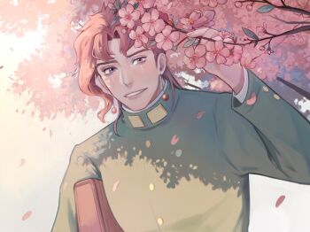 1boy arm_up cherry_blossoms collared_jacket commentary earrings english_commentary falling_petals flower gakuran green_jacket highres holding jacket jewelry jojo_no_kimyou_na_bouken kakyoin_noriaki kookirani layered_sleeves male_focus outdoors parted_hair petals piercing pink_eyes pink_flower red_hair school_uniform smile solo stardust_crusaders tree