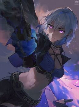 1girl absurdres aiming aiming_at_viewer artist_logo black_gloves black_shorts blue_bra blue_hair blue_nails bra breasts closed_mouth commentary corrupted_twitter_file earrings english_commentary fingernails galbrena_(wuthering_waves) gloves grey_hair gun hair_between_eyes highres hiro_henuri holding holding_gun holding_weapon jewelry logo long_fingernails medium_breasts medium_hair mutation navel purple_eyes shorts solo stomach underwear upper_body weapon wuthering_waves