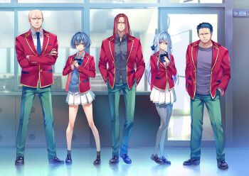 2girls 3boys advanced_nurturing_high_school_uniform bald black_hair black_shoes black_socks blazer blue_bow blue_bowtie blue_cardigan blue_hair blue_necktie bow bowtie cardigan collared_shirt crossed_arms green_pants grey_hair grey_pantyhose hallway hands_in_pockets heel_up highres ibuki_mio ishizaki_daichi jacket katsuragi_kouhei lineup loafers long_hair looking_at_viewer medium_hair multiple_boys multiple_girls necktie official_art open_clothes open_jacket pants pantyhose pleated_skirt purple_shirt red_hair red_jacket ryuuen_kakeru school_uniform shiina_hiyori shirt shoes short_hair skirt socks standing tomose_shunsaku white_shirt white_skirt youkoso_jitsuryoku_shijou_shugi_no_kyoushitsu_e