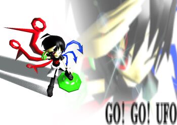1girl 3d ahoge alternate_costume asymmetrical_wings black_hair black_pants black_shirt clothes_around_waist english_text fabit609 full_body hand_on_own_leg hand_up highres houjuu_nue jacket jacket_around_waist lens_flare looking_at_viewer looking_up low_poly one_eye_closed pants salute shadow shirt short_sleeves solo standing touhou uneven_footing wings zoom_layer