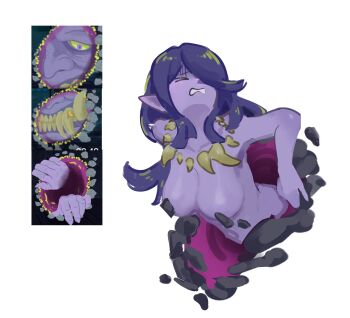 Rule 34 | 1girl, absurdres, breasts, clenched teeth, colored skin, convenient censoring, doormaker (slay the spire), genderswap, genderswap (mtf), highres, jewelry, large breasts, loswiner, monster girl, necklace, pointy ears, portal (object), purple hair, purple skin, reference inset, slay the spire, slay the spire 2, solo, stuck, teeth, through portal, through wall, tooth necklace, upper body, wormhole