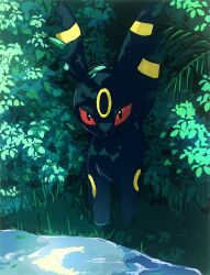 animal_focus black_eyes colored_sclera commentary_request gen_2_pokemon grass highres kaguya_hobby leaf nintendo no_humans pokemon pokemon_(creature) red_sclera solo umbreon water
