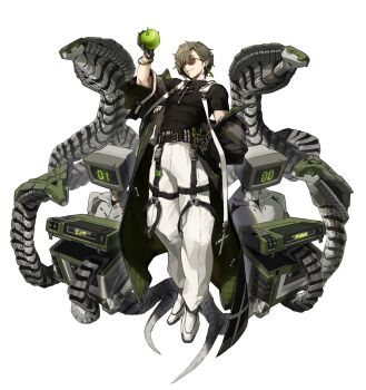 1boy apple belt black_coat black_gloves black_shirt brown_hair coat cobra_(animal) esnowg food fruit full_body glasses gloves green_apple green_eyes hashtag-only_commentary highres holding holding_food holding_fruit looking_at_viewer non-humanoid_robot off_shoulder open_clothes open_coat original pants robot robot_animal shirt shoes short_hair short_sleeves solo white_background white_pants white_shoes