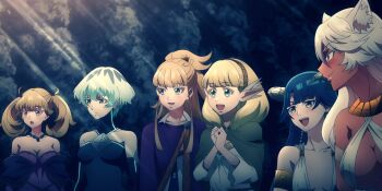 6+girls amber_idonokan animal_ears blonde_hair blue_eyes breasts cat_ears cleavage collarbone granat_needakitta green_eyes green_hair horns kekkon_yubiwa_monogatari large_breasts long_hair morion_ravri_nokanatika multiple_girls nephrites_lomka nonaka_himeno pointy_ears saphir_maasa siblings sisters stitched third-party_edit twintails