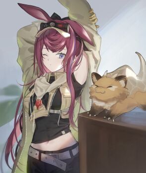 1girl animal_ears arknights arm_behind_head arms_up black_pants black_shirt blue_eyes brown_vest commentary_request cropped_vest extra_ears gloves headlamp highres jacket midriff multicolored_hair navel one_eye_closed open_clothes open_jacket outdoors pants pimi purple_streaks rabbit_ears rabbit_girl ray_(arknights) red_hair sandbeast_(arknights) shirt solo streaked_hair stretching upper_body vest visor_cap yellow_gloves