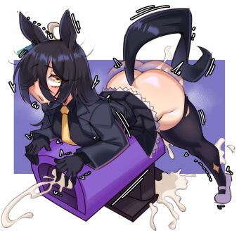 1girl ahoge animal_ears ass bent_over black_gloves black_hair black_jacket black_shirt black_skirt breeding_mount clothes_lift cum cum_overflow futanari futanari_masturbation gloves hair_over_one_eye highres horse_ears horse_girl horse_tail jacket long_hair long_sleeves manhattan_cafe_(umamusume) masturbation necktie projectile_cum shirt skirt skirt_lift solo sooradraws standing tail umamusume yellow_eyes yellow_necktie