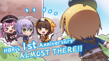 &gt;_&lt; 4girls :d animal animal_hood animal_on_head asakura_karen_(heaven_burns_red) blonde_hair blue_jacket blunt_bangs blush brown_hair brown_skirt cape cat cat_hood cat_on_head cat_tail chibi cloak closed_mouth copyright_name double_bun english_text glasses green_eyes grey_hair hair_bun hair_ornament hat heaven_burns_red highres hood hood_up hoodie izumi_yuki_(heaven_burns_red) jacket kayamori_ruka key_(company) kunimi_tama long_hair long_sleeves looking_at_another low_twintails medium_hair military_hat miniskirt multiple_girls narby_(heaven_burns_red) official_art on_head open_mouth orange_hoodie outdoors pantyhose peaked_cap pink_hair plaid_clothes plaid_skirt pleated_skirt purple_hair ribbon school_uniform shirt short_hair skirt smile tail twintails white_cat yellow_eyes yellow_jacket yostar