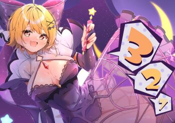 1girl absurdres ahoge bat_hair_ornament blonde_hair bow breasts breasts_apart bridal_gauntlets cleavage cleavage_cutout clothing_cutout commentary_request countdown double-parted_bangs dress elbow_gloves fang gloves hair_bow hair_ornament hairclip heart heart-shaped_pupils highres hololive large_bow orange_eyes see-through_clothes see-through_dress short_hair skin_fang sky solo speech_bubble spoken_number star_(sky) starfield0613 starry_sky sweat symbol-shaped_pupils virtual_youtuber x_hair_ornament yozora_mel