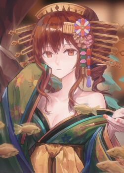1girl alternate_costume alternate_hair_color bare_shoulders breasts brown_eyes brown_hair cleavage closed_mouth drill_hair fish green_kimono hair_ornament highres holding holding_smoking_pipe japanese_clothes kanzashi kasane_teto kimono kiseru long_sleeves looking_at_viewer nail_polish off_shoulder qiu-k_(qiukkon) red_nails smoking_pipe solo twin_drills upper_body utau wide_sleeves yoshiwara_lament_(utau)