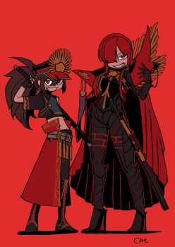 1boy 1girl antique_firearm arquebus asymmetrical_clothes black_bodysuit black_hair bodysuit cape collared_cape commentary_request crest family_crest fate/grand_order fate_(series) firearm full_body goma1021 grin gun hair_over_one_eye hat highres long_hair looking_at_viewer medallion military_hat multiple_persona navel oda_kippoushi_(fate) oda_nobunaga_(fate) oda_nobunaga_(maou_avenger)_(fate) oda_uri peaked_cap ponytail popped_collar red_background red_cape red_eyes red_hair red_theme sidelocks single_sleeve smile standing tight_top very_long_hair weapon