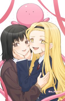 Rule 34 | 2girls, absurdres, aged up, ai-nohikari, artist name, black hair, blazer, blonde hair, brown eyes, clip studio paint (medium), commentary, hairband, hands on another's face, highres, hug, jacket, kirarazaka marina, kuze shizuka, long hair, looking at viewer, medium hair, multiple girls, open mouth, scar, scar on face, school uniform, simple background, smile, takopii, takopii no genzai, teeth, upper teeth only, white background, yellow eyes, yuri