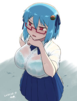 1girl blue_bow blue_bra blue_hair blue_skirt blush borrowed_character bow bra breasts burger_hair_ornament buttons cleavage collared_shirt cowboy_shot dated food-themed_hair_ornament glasses hair_between_eyes hair_ornament hamburger-chan_(hundredburger) hand_on_own_face large_breasts on_ground open_mouth original red_eyes see-through_clothes see-through_shirt semi-rimless_eyewear shirt short_hair short_sleeves signature simple_background skirt solo standing sweat tsukudani_(coke-buta) underwear white_background white_shirt