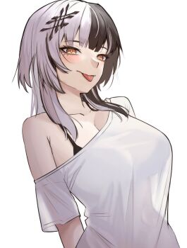 1girl black_bra black_hair bra breasts cleavage grey_hair highres hololive hololive_english large_breasts long_hair looking_at_viewer multicolored_hair nurizza_ilst shiori_novella simple_background single_off_shoulder solo split-color_hair tongue tongue_out two-tone_hair underwear virtual_youtuber white_background white_hair