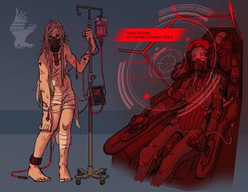 1girl 621_(armored_core_vi) armored_core armored_core_vi:_fires_of_rubicon bandaged_head bandaged_torso bandages fromsoftware genderswap genderswap_(mtf) highres mecha mecha_focus mecha_pilot_suit personification rattlegeist red_eyes robot science_fiction