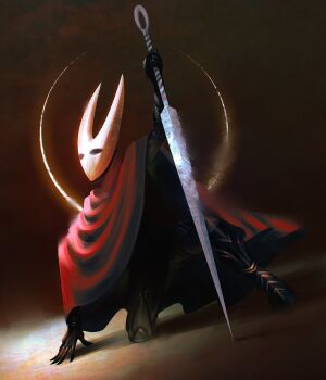 1girl armor black_gloves cloak commentary english_commentary gloves halo highres holding holding_weapon hollow_eyes hollow_knight hollow_knight:_silksong horned_mask hornet_(hollow_knight) horns mask needle_(hollow_knight) on_one_knee ornate_armor red_cloak simple_background solo standing thefearmaster weapon white_mask