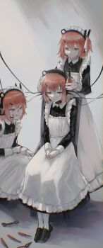 3girls a.i._voice absurdres adachi_rei alternate_costume android apron behind_another black_dress blood blood_on_face cable chair chromatic_aberration clone closed_mouth collared_dress commentary_request computer_chip dot_mouth dress enmaided hair_ornament hair_ribbon hairclip half-closed_eyes hands_on_lap head_grab headlamp headset highres holding holding_screwdriver licking_lips loafers long_sleeves looking_at_another maid maid_apron maid_day maid_headdress microphone multiple_girls on_chair one_side_up orange_eyes orange_hair pantyhose radio_antenna ribbon screwdriver seno_losa shoes short_hair sitting sleeve_cuffs squatting standing tongue tongue_out tools utau white_pantyhose white_ribbon