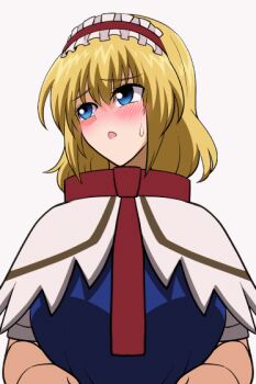 1girl alice_margatroid animated animated_gif blonde_hair blue_eyes blush bouncing_breasts breasts clothes_lift embarrassed large_breasts lifting_own_clothes nipples no_bra open_mouth shiguma_(signalmass) shirt_lift short_hair solo source_request touhou