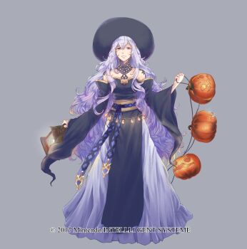 1girl absurdres deirdre_(fire_emblem) dress female_focus fire_emblem fire_emblem:_genealogy_of_the_holy_war full_body halloween_costume hat highres holding jack-o'-lantern lantern lithety long_hair long_sleeves nintendo parted_lips purple_eyes purple_hair solo very_long_hair wide_sleeves witch_hat
