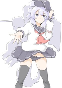 1girl akara_kai black_hat black_panties black_sailor_collar black_skirt black_thighhighs blue_eyes feet_out_of_frame grey_hair hat hibiki_(kancolle) highres kantai_collection neckerchief panties pleated_skirt red_neckerchief rigging sailor_collar sailor_shirt school_uniform serafuku shirt skirt solo thighhighs underwear white_shirt