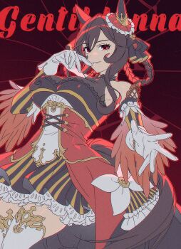 1girl animal_ears bare_shoulders black_dress braid braided_hair_rings breasts brown_hair commentary_request corset detached_sleeves dress ear_covers ear_ornament gentildonna_(regina_dei_fiori)_(umamusume) gentildonna_(umamusume) gloves gold_embroidery hair_between_eyes hair_ornament hair_rings heart-shaped_ornament heart_ear_ornament highres horse_ears horse_girl horse_tail large_breasts long_hair looking_at_viewer murangee parted_lips red_corset red_eyes see-through_cleavage see-through_clothes smile solo tail thighhighs umamusume white_gloves white_thighhighs