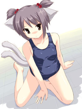 00s animal_ears cat_ears cat_tail ezakishii highres multiple_tails naegi_(naegidokoro) nagato_yuki nekomata one-piece_swimsuit school_swimsuit solo suzumiya_haruhi_no_yuuutsu swimsuit tail two_tails