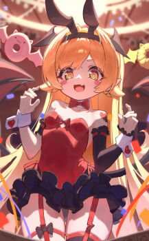 1girl absurdres animal_ear_hairband animal_ears asymmetrical_sleeves bare_shoulders black_skirt blonde_hair blurry blurry_background blush_stickers bow bowtie breasts commentary_request cowboy_shot detached_sleeves dongyang_kissoml fake_animal_ears fang frilled_skirt frills garter_straps hairband hands_up highres leotard long_hair looking_at_viewer monogatari_(series) nontraditional_playboy_bunny open_mouth oshino_shinobu parted_bangs pear-shaped_figure rabbit_ear_hairband rabbit_ears red_bow red_bowtie red_leotard skin_fang skirt small_breasts smile solo strapless strapless_leotard white_wrist_cuffs wide_hips wrist_cuffs yellow_eyes