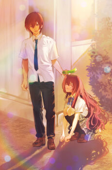 Rule 34 | 1boy, 1girl, :d, ^ ^, a-chan (little busters!), absurdres, backlighting, black pants, black socks, blue bow, blue bowtie, blush, book, bow, bowtie, brown eyes, brown hair, brown shoes, clenched hands, closed eyes, closed mouth, collared shirt, commentary request, day, dress shirt, full body, furrowed brow, grey skirt, hair between eyes, highres, holding, holding book, kneehighs, lens flare, little busters!, little busters! school uniform, loafers, long hair, looking at viewer, miiizuno lbs, miniskirt, natsume kyousuke, open mouth, outdoors, pants, plaid clothes, plaid skirt, school uniform, shadow, shirt, shoes, short hair, short sleeves, skirt, smile, socks, squatting, standing, very long hair, white shirt