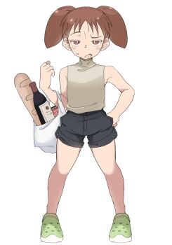 1girl absurdres azumanga_daiou bag black_shorts bottle bread brown_eyes brown_hair crocs food grocery_bag highres mihama_chiyo raised_eyebrow shopping_bag shorts sleeveless sleeveless_turtleneck turtleneck twintails wine_bottle zlix0n