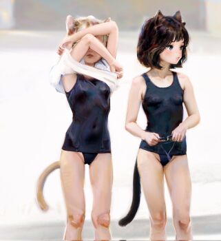 2girls animal_ears arms_up bare_arms bare_legs blonde_hair blue_eyes breasts brown_hair cat_ears cat_girl cat_tail closed_mouth co_ti_(sweetonedollar) commentary corrupted_twitter_file covered_eyes covered_navel feet_out_of_frame female_focus highres holding loli looking_to_the_side multiple_girls one-piece_swimsuit original parted_lips pussy_willow_(sweetonedollar) school_swimsuit shirt short_hair small_breasts standing sweetonedollar swimsuit symbol-only_commentary tail undressing white_shirt