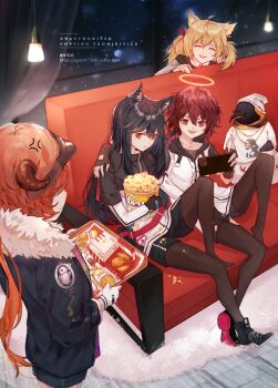 1boy 4girls ^_^ anger_vein animal animal_ears arknights arm_around_shoulder artist_name ayan477845 bad_id bad_lofter_id bird black_footwear black_gloves black_jacket black_legwear black_shorts bow bucket cellphone chicken_(food) closed_eyes couch cow_horns croissant_(arknights) emperor_(arknights) exusiai_(arknights) fingerless_gloves food french_fries fried_chicken fur-trimmed_jacket fur_trim gloves hair_between_eyes hair_bow halo hand_on_another's_thigh highres holding holding_bucket holding_phone holding_tray horns indoors jacket kfc knee_up light long_hair multiple_girls open_mouth orange_eyes orange_hair pantyhose pantyhose_under_shorts penguin penguin_logistics_(arknights) penguin_logistics_logo phone popcorn red_bow red_hair shoes shorts single_shoe sitting smartphone sora_(arknights) spill takeout_container texas_(arknights) tray tupac_shakur twintails visor_cap watermark web_address white_headwear white_jacket window wolf_ears yellow_eyes