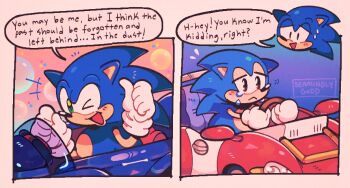 Rule 34 | 2boys, :<, black eyes, blue car, blue fur, car, crying, crying with eyes open, dual persona, english text, frown, gloves, green eyes, hedgehog boy, jill (seaminglygood), motor vehicle, multiple boys, one eye closed, red car, smile, sonic (series), sonic generations, sonic racing: crossworlds, sonic the hedgehog, sonic the hedgehog (classic), tears, thumbs up