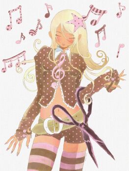 1girl ? aiyuni beamed_eighth_notes beamed_sixteenth_notes blonde_hair closed_eyes dark_skin eighth_note guitar halftone halftone_background highres instrument long_hair music musical_note nail_polish original polka_dot polka_dot_background polka_dot_legwear quarter_note singing solo spoken_musical_note thighhighs treble_clef