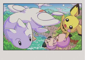 absurdres blue_sky cleffa closed_mouth cloud colored_sclera gen_2_pokemon highres holding igglybuff nintendo no_humans onamuzi_illust open_mouth outdoors pichu pokemon pokemon_(creature) pokemon_focus red_sclera river sky togetic tree water wings