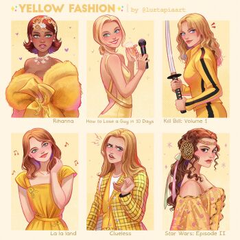 6+girls andie_anderson beatrix_kiddo blonde_hair blue_eyes breasts brown_hair character_name cher_horowitz cleavage clueless_(movie) coat commentary copyright_name curly_hair dark-skinned_female dark_skin dress english_commentary fashion headband highres holding holding_sword holding_weapon how_to_lose_a_guy_in_10_days jewelry katana kill_bill la_la_land long_hair long_sleeves looking_at_viewer luztapiaart medium_hair mia_dolan multiple_drawing_challenge multiple_girls necklace official_alternate_costume open_clothes open_coat plaid_clothes plaid_coat princess_leia real_life red_hair rihanna_fenty see-through_clothes short_hair star_wars star_wars:_revenge_of_the_sith stole sword track_suit updo vest weapon yellow_coat yellow_theme yellow_track_suit yellow_vest