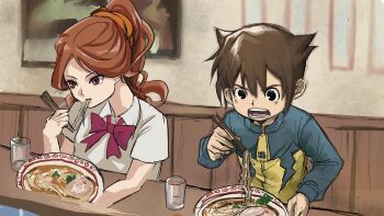 1boy 1girl bow bowtie brown_hair chopsticks eating endou_mamoru food hairband inazuma_eleven_(series) long_hair noodles raimon_natsumi ramen shirt short_hair sitting twitter white_shirt