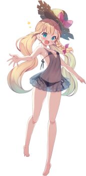 1girl alternate_costume alternate_hairstyle alternate_headwear barefoot bikini black_bikini blonde_hair blue_eyes blush bow braid brown_hat fang game_cg hair_bow hakurei_frontier_spell_strive hat hat_bow highres kirisame_marisa long_hair looking_at_viewer official_art open_mouth pink_bow see-through_clothes side_braid single_braid smile solo star_(symbol) straw_hat swimsuit third-party_source toes touhou transparent_background twintails usamata very_long_hair