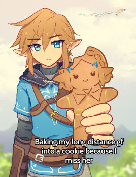 1boy baking_my_long_distance_bf_into_a_cookie_because_i_miss_him_(meme) belt blue_eyes blurry blurry_background brown_hair commentary cookie dragon english_text enni food gingerbread_cookie hair_between_eyes highres holding holding_cookie holding_food light_dragon_(zelda) link looking_at_viewer male_focus meme nintendo outdoors photo-referenced pointy_ears princess_zelda sidelocks solo symbol-only_commentary the_legend_of_zelda the_legend_of_zelda:_tears_of_the_kingdom