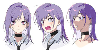 1girl collarbone drooling facing_viewer fang hieung multiple_views necktie original purple_hair shirt white_background