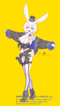 Rule 34 | 1girl, :d, animal ears, bare shoulders, belt, belt buckle, black belt, black boots, black hat, black jacket, boots, breasts, buckle, cleavage, commentary request, cropped jacket, dated, enkyo yuuichirou, full body, gloves, gun, handgun, hat, high heel boots, high heels, highres, holstered, jacket, large breasts, long sleeves, looking at viewer, mini hat, mini top hat, navel, open clothes, open jacket, open mouth, original, rabbit ears, red eyes, revolver, simple background, sleeves past wrists, smile, solo, standing, striped clothes, striped thighhighs, thighhighs, thighhighs under boots, top hat, vertical-striped clothes, vertical-striped thighhighs, watermark, weapon, white gloves, white hair, yellow background