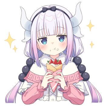 1girl :t black_bow blue_eyes blunt_bangs bow capelet closed_mouth commentary_request eating food food_on_face food_request fur-trimmed_capelet fur_trim gradient_hair hair_bobbles hair_bow hair_ornament highres holding holding_food horns jitome kanna_kamui kobayashi-san_chi_no_maidragon light_blush long_hair looking_at_viewer multicolored_hair pink_hair setteiset sidelocks simple_background solo sparkle twintails two-tone_hair upper_body white_background white_capelet white_hair