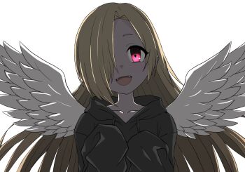 1girl alternate_hair_length alternate_hairstyle angel_wings backlighting black_hoodie blonde_hair commentary_request fangs feathered_wings hair_over_one_eye halulu head_tilt highres hood hoodie idolmaster idolmaster_cinderella_girls long_hair long_sleeves looking_at_viewer one_eye_covered open_mouth red_eyes shirasaka_koume simple_background sleeves_past_fingers sleeves_past_wrists smile solo upper_body white_background white_wings wings
