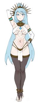 1girl absurdres aqua_(konosuba) arm_up armlet barefoot black_thighhighs blue_eyes blue_hair breasts bridal_legwear cinndvl covered_erect_nipples detached_sleeves full_body hair_ornament headgear highres hip_bones jewelry kono_subarashii_sekai_ni_shukufuku_wo! long_hair looking_at_viewer medium_breasts narrow_waist navel pelvic_curtain simple_background solo standing thighhighs thighs tiara white_background