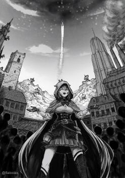 1girl asymmetrical_legwear baloolax belt building crowd faceless greyscale highres hololive hololive_english hood knife lantern long_hair monochrome nanashi_mumei nanashi_mumei_(1st_costume) pollution satellite_dish skirt skyscraper smoke spacecraft twitter_username virtual_youtuber